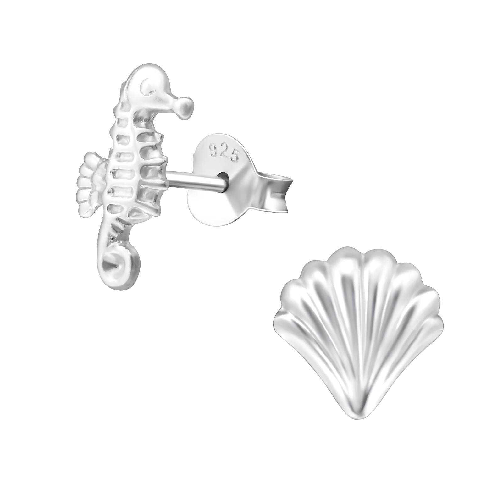 Zilveren kinderoorbellen zeepaardje en schelp